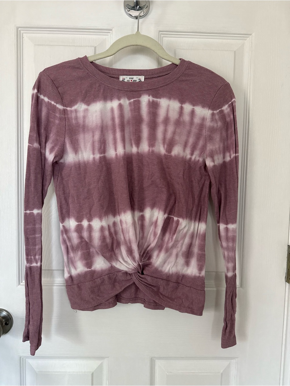 Poof! Mauve and White Tie-Dye Long Sleeve Twist Front Top